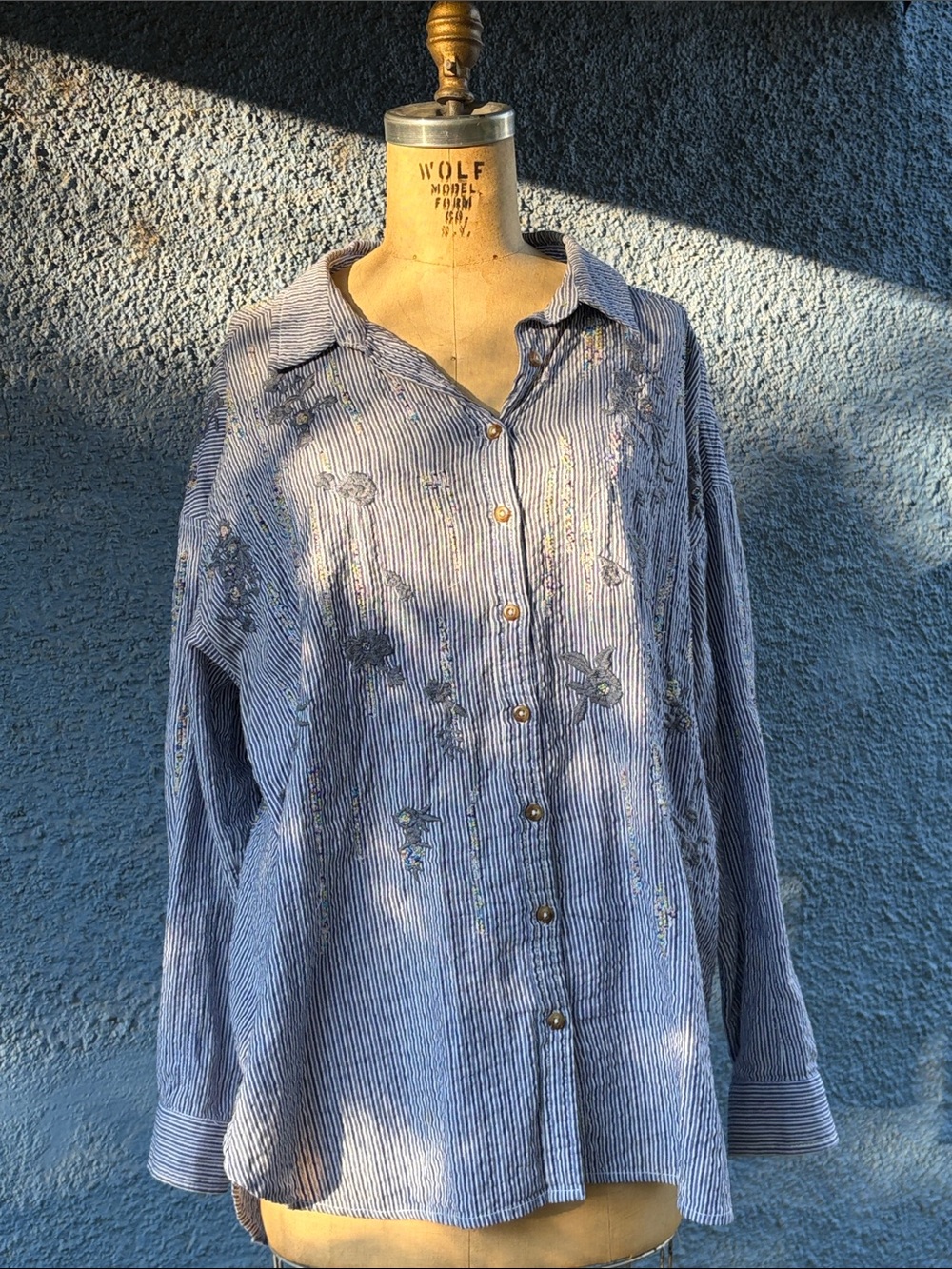 Anthropologie Pilcro Blue Striped Embroidered Button-Up Shirt - Women
